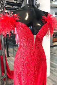 Red Appliques Feather Off-the-Shoulder Long Prom Dress with Slit