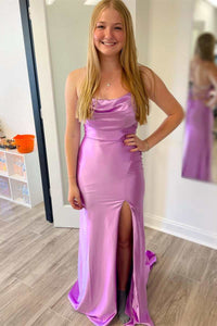 Lilac Cowl Neck Lace-Up Back Mermaid Long Prom Dress with Slit
