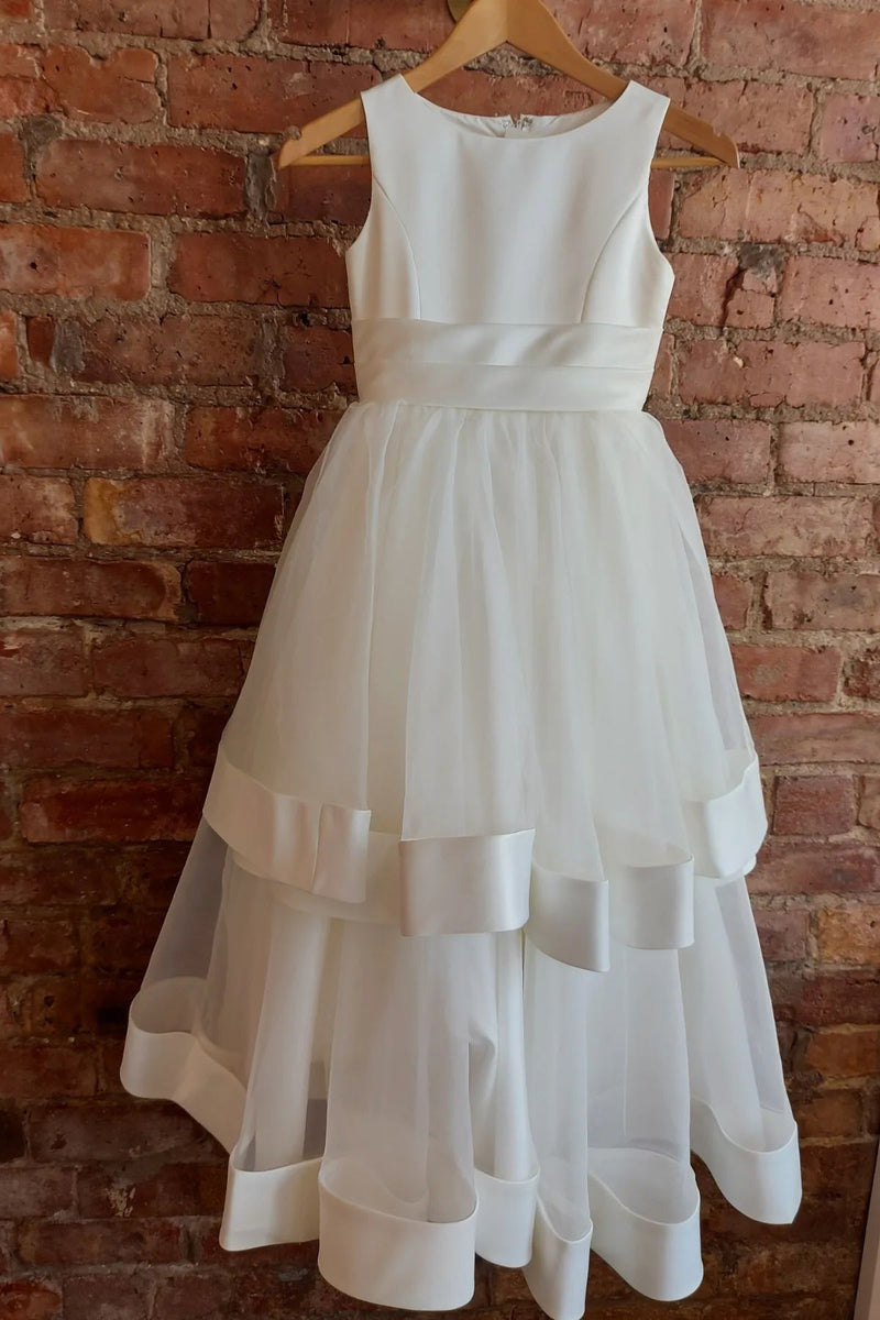 White Jewel Sleeveless Multi-Layers Long Flower Girl Dress wit Bow Sash