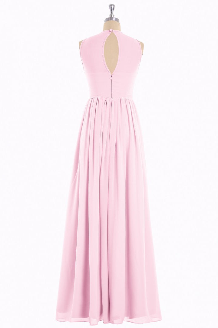 Pink Chiffon Halter Cutout Back A-Line Long Bridesmaid Dress