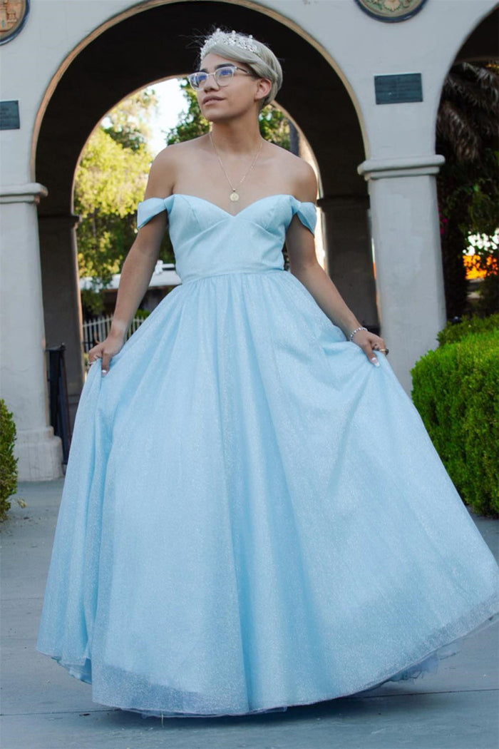Light Blue Tulle A-line Off-Shoulder Lace-Up Back Long Prom Dress