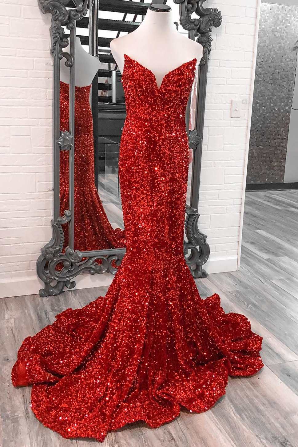 Neon Pink Sequin Strapless Mermaid Long Prom Dress