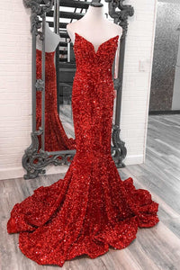 Neon Pink Sequin Strapless Mermaid Long Prom Dress