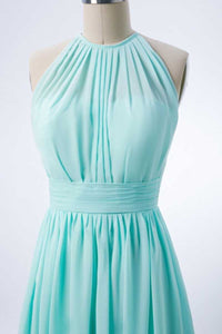 Sage Green Chiffon Halter Cutout Back Long Bridesmaid Dress