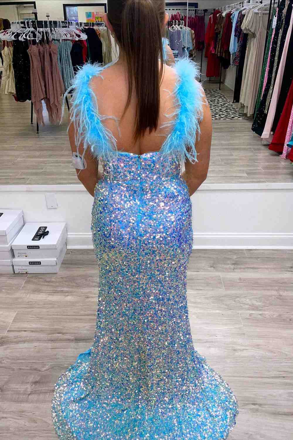 Blue Mermaid V Neck Sequins Feathers Straps Long Prom Dress with Slit