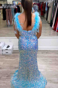 Blue Mermaid V Neck Sequins Feathers Straps Long Prom Dress with Slit