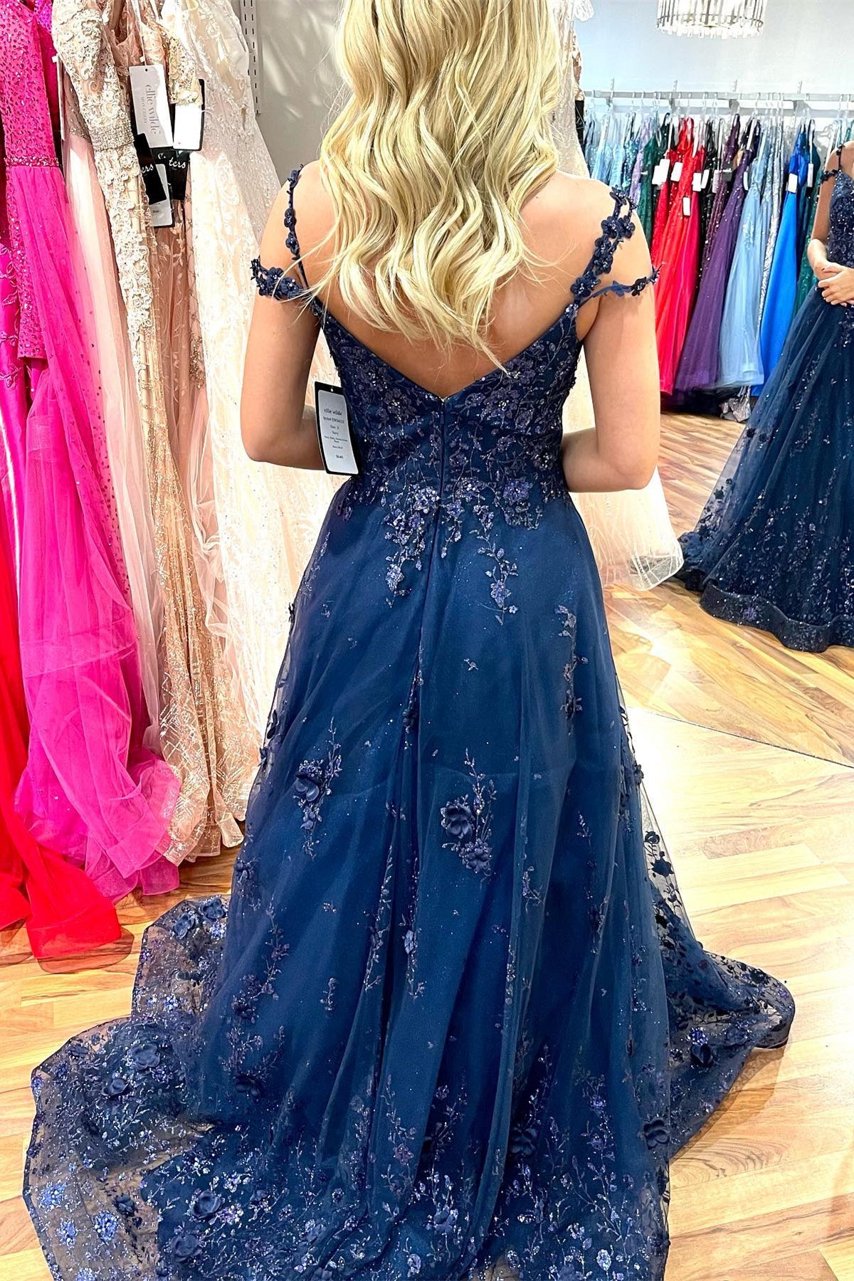 Dark Navy Flower Straps Off-the-Shoulder Beaded Appliques Long Prom Dress
