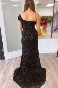 Black Sequin One-Shoulder Cutout Mermaid Long Prom Dress with Slit
