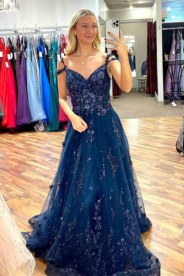 Dark Navy Flower Straps Off-the-Shoulder Beaded Appliques Long Prom Dress