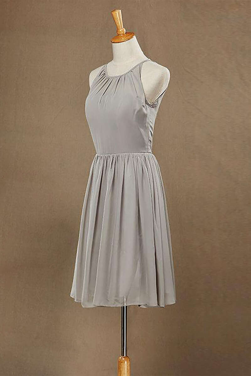Grey Chiffon Halter Keyhole Back Short Bridesmaid Dress