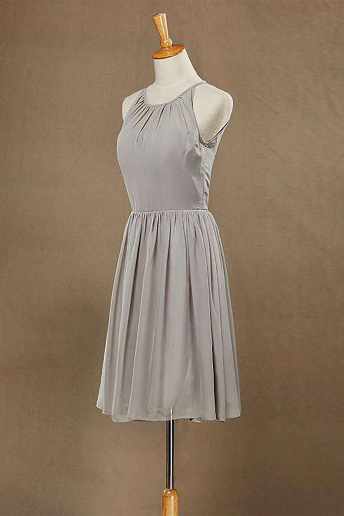 Grey Chiffon Halter Keyhole Back Short Bridesmaid Dress