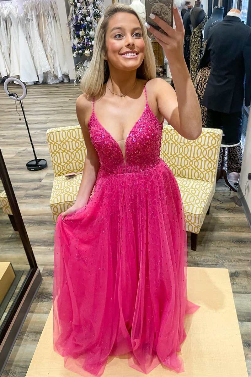 Barbie Pink Tulle Beaded Open Back A-Line Prom Gown