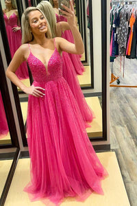 Barbie Pink Tulle Beaded Open Back A-Line Prom Gown