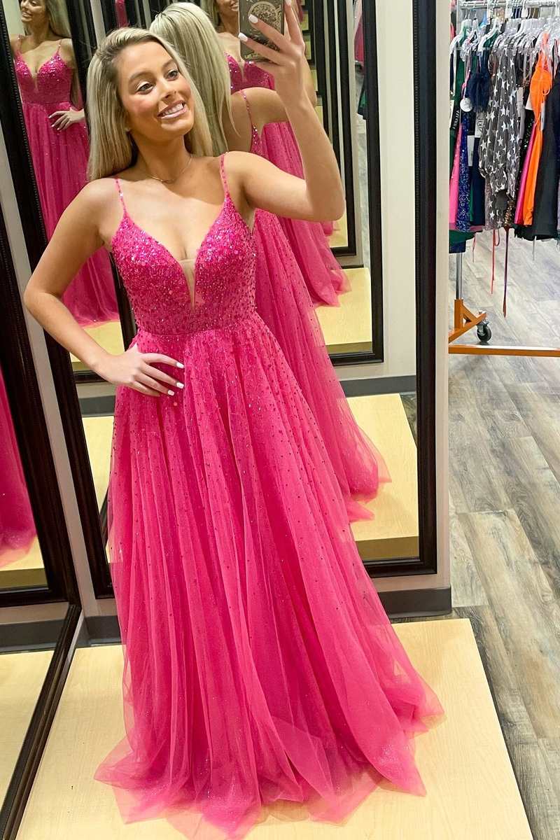 Barbie Pink Tulle Beaded Open Back A-Line Prom Gown
