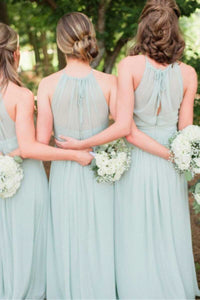 Sage Green Chiffon Halter Cutout Back Long Bridesmaid Dress