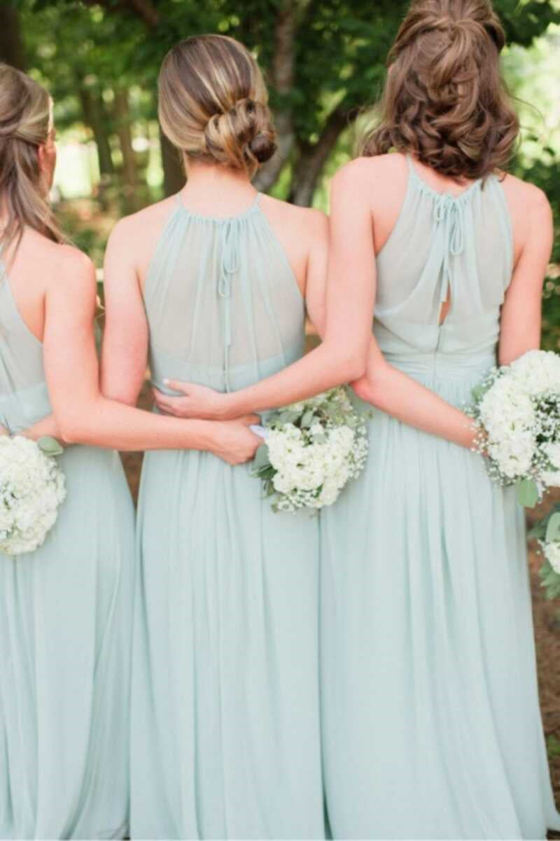Sage Green Chiffon Halter Cutout Back Long Bridesmaid Dress