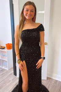 Black Sequin One-Shoulder Cutout Mermaid Long Prom Dress with Slit