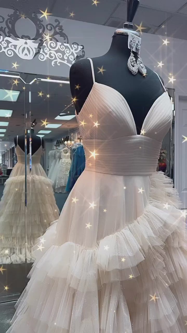 Pink V-Neck Empire Waist Tiered Long Prom Dress with Ruffles