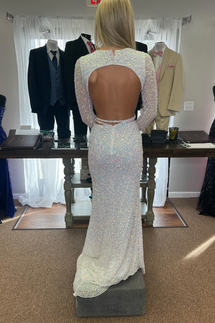 Ivory Sequins Mermaid Jewel Cut-Out Long Prom Dress