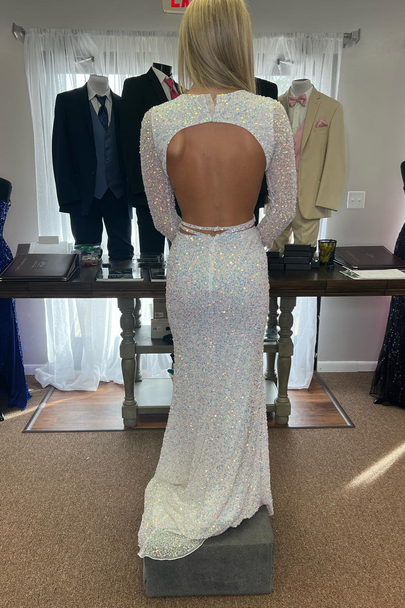 Ivory Sequins Mermaid Jewel Cut-Out Long Prom Dress
