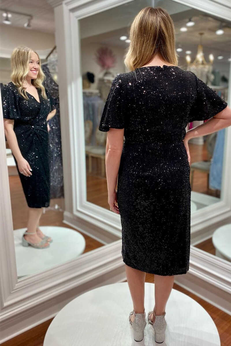 Black Sequin Twist-Front Short Mother of the Bride Dress