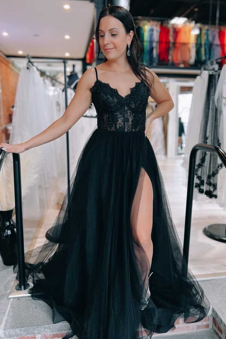Black Tulle Lace Lace-Up Back A-Line Prom Dress with Slit