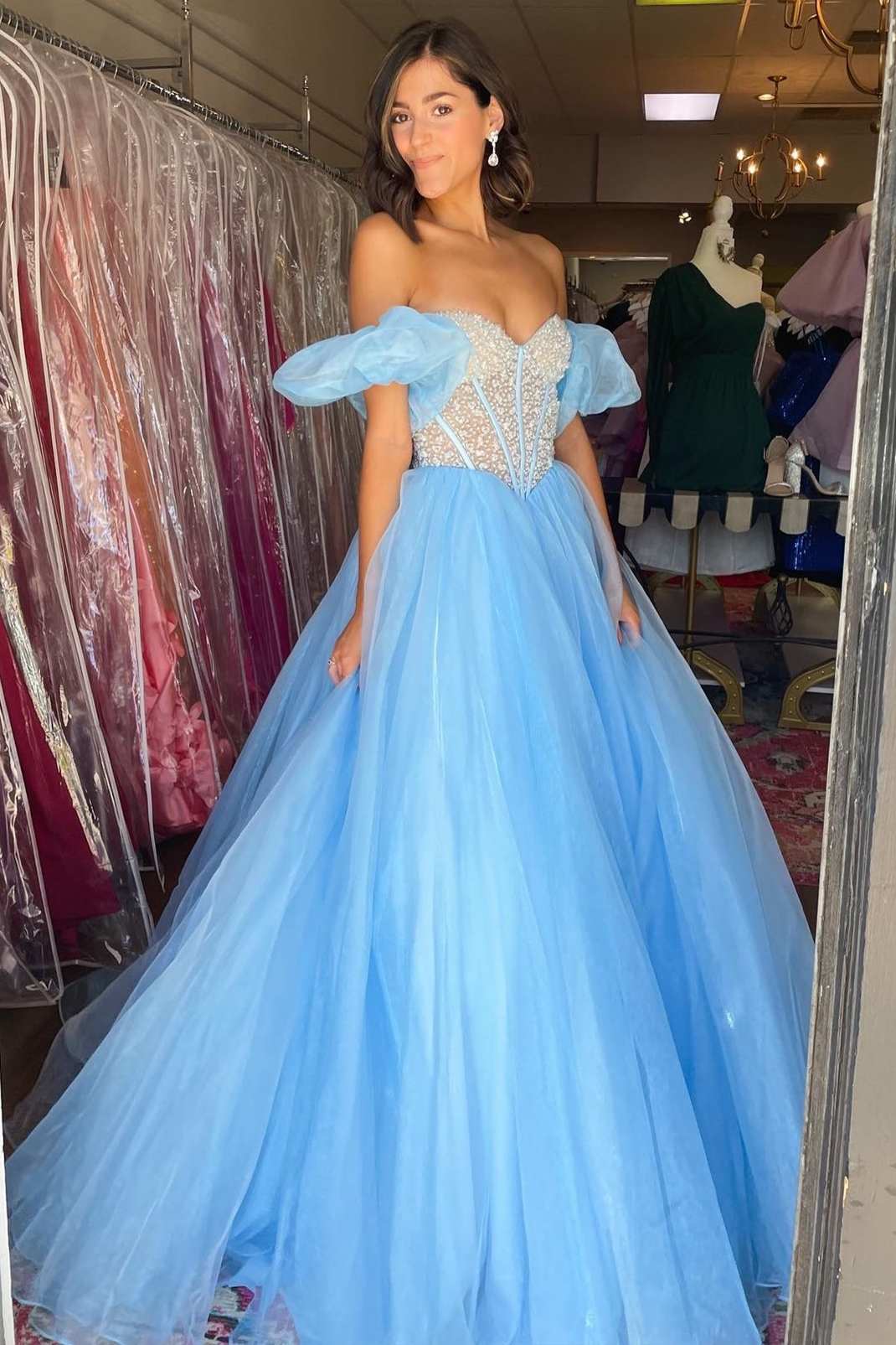 Princess Blue Beaded Strapless A-Line Prom Dress with Puff Sleeves