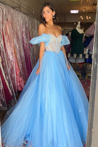 Princess Blue Beaded Strapless A-Line Prom Dress with Puff Sleeves
