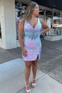 Spliced Periwinkle Sequin V-Neck Short Homecoming Dress