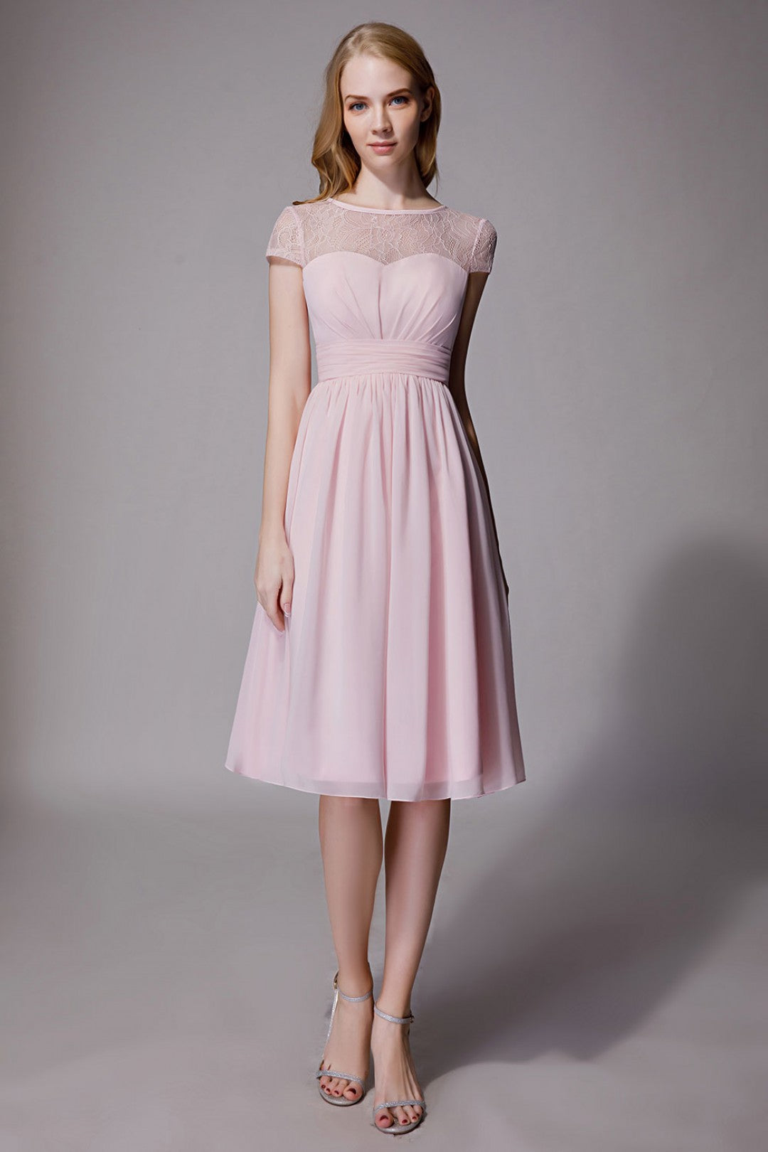 Princess Pink Chiffon and Lace Short Sleeves Bridesmaid Dress