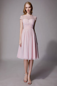 Princess Pink Chiffon and Lace Short Sleeves Bridesmaid Dress