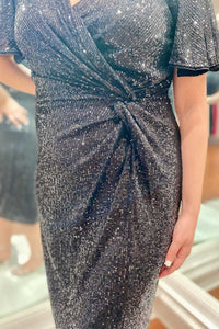 Black Sequin Twist-Front Short Mother of the Bride Dress