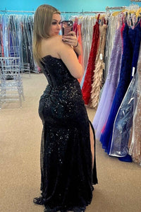 Sequins Strapless Mermaid Long Dress with Slit