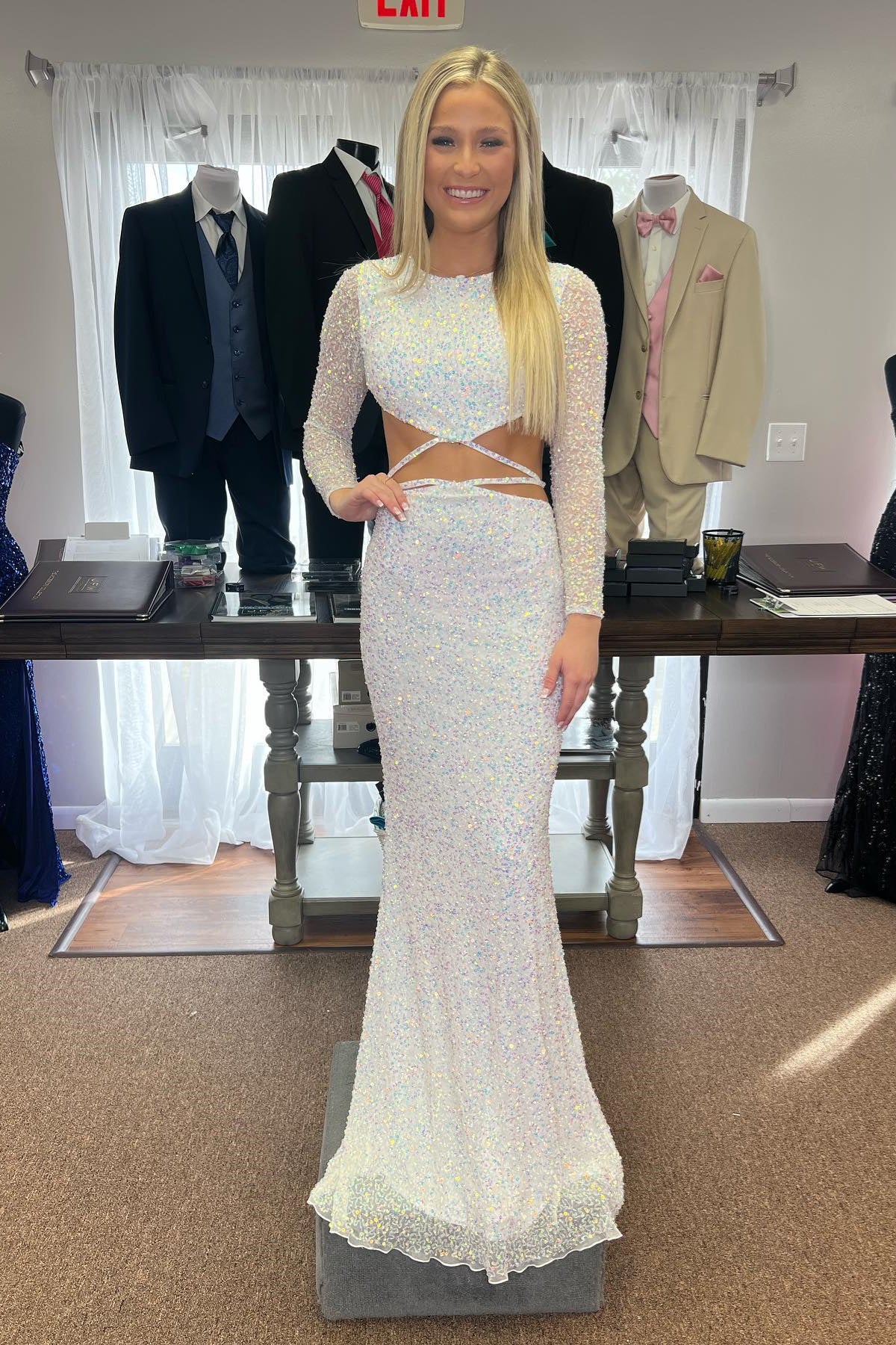 Ivory Sequins Mermaid Jewel Cut-Out Long Prom Dress