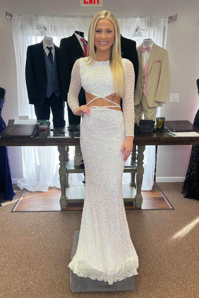 Ivory Sequins Mermaid Jewel Cut-Out Long Prom Dress