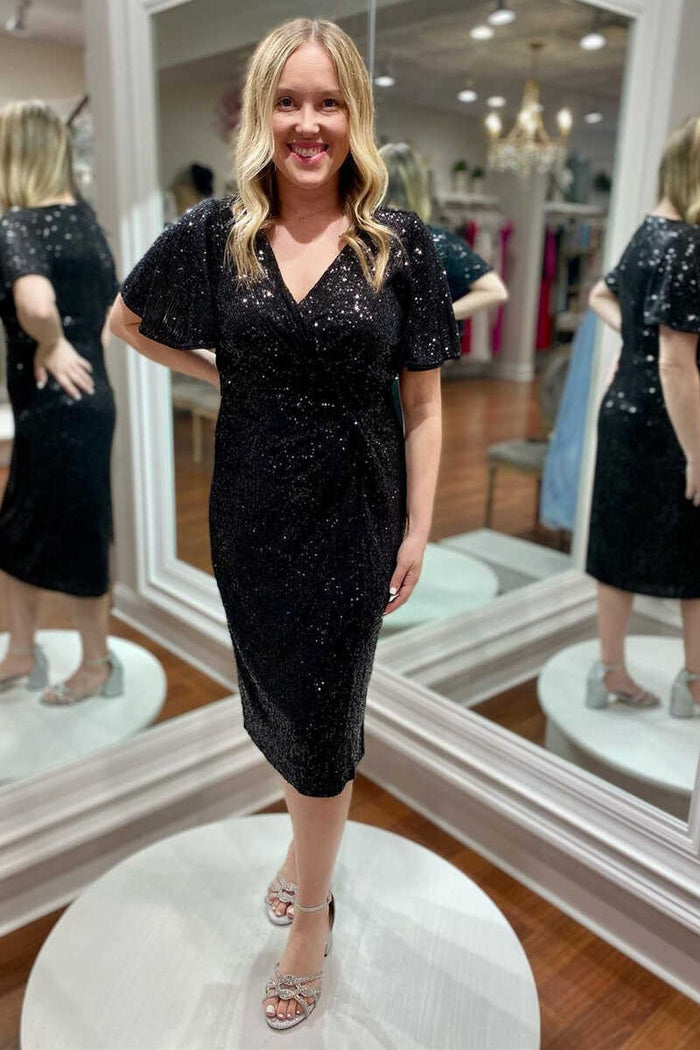 Black Sequin Twist-Front Short Mother of the Bride Dress