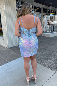 Spliced Periwinkle Sequin V-Neck Short Homecoming Dress