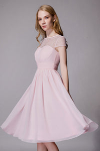 Princess Pink Chiffon and Lace Short Sleeves Bridesmaid Dress