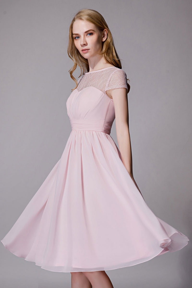 Princess Pink Chiffon and Lace Short Sleeves Bridesmaid Dress