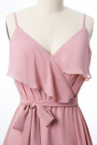 Mauve Pink Chiffon Spaghetti Straps Ruffled A-Line Bridesmaid Dress