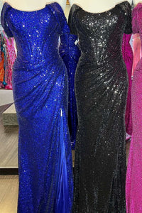 Sequin Off-the-Shoulder Sheath Long Formal Dress with Slit