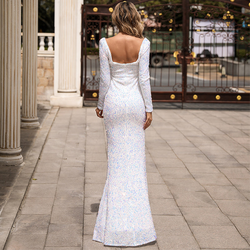 Glitters White Long Sleeves Mermaid Long Party Dress