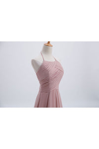 Halter Blush Pink Pleated Short A-line Bridesmaid Dress
