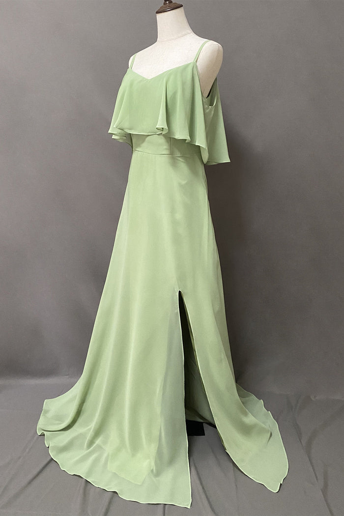 Ruffles Sage Green Straps A-Line Long Bridesmaid Dress with Slit