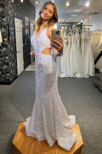 White Iridescent Sequin Halter Cutout Mermaid Long Prom Gown