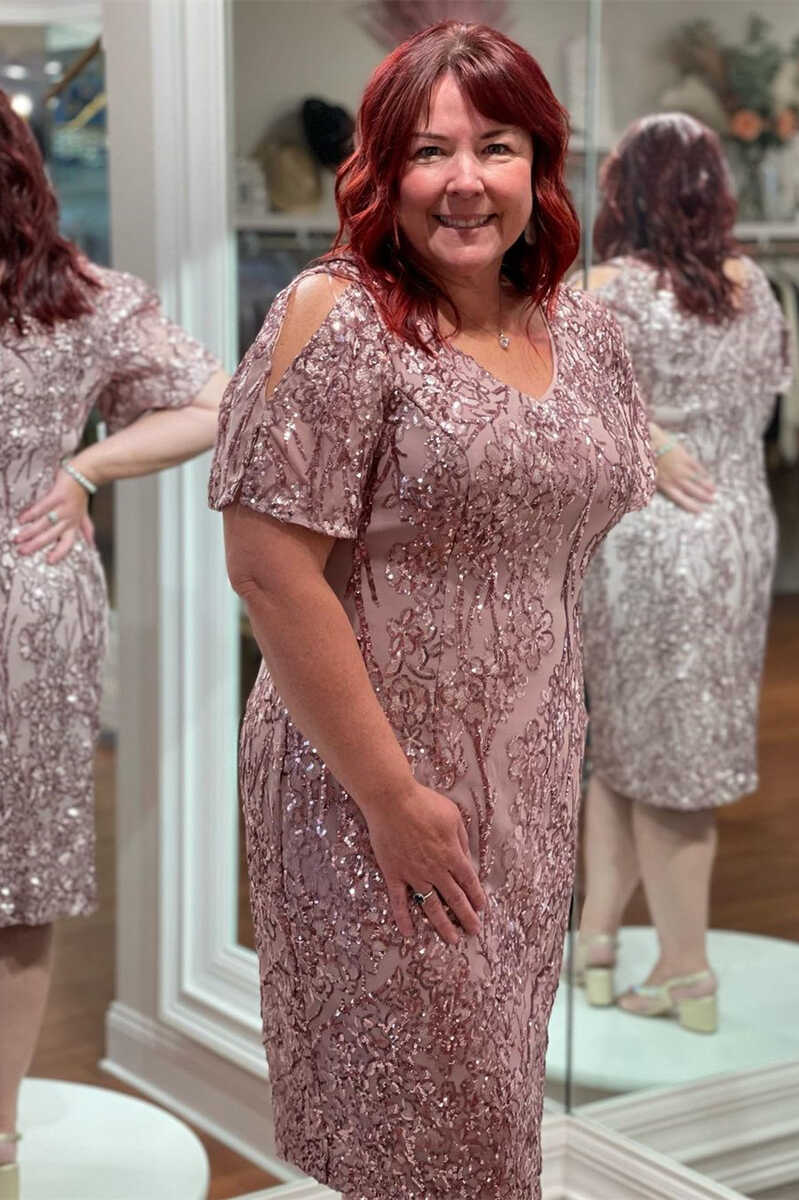 Dusty Pink Sequined V-Neck Cutout Mother of the Bride Dress