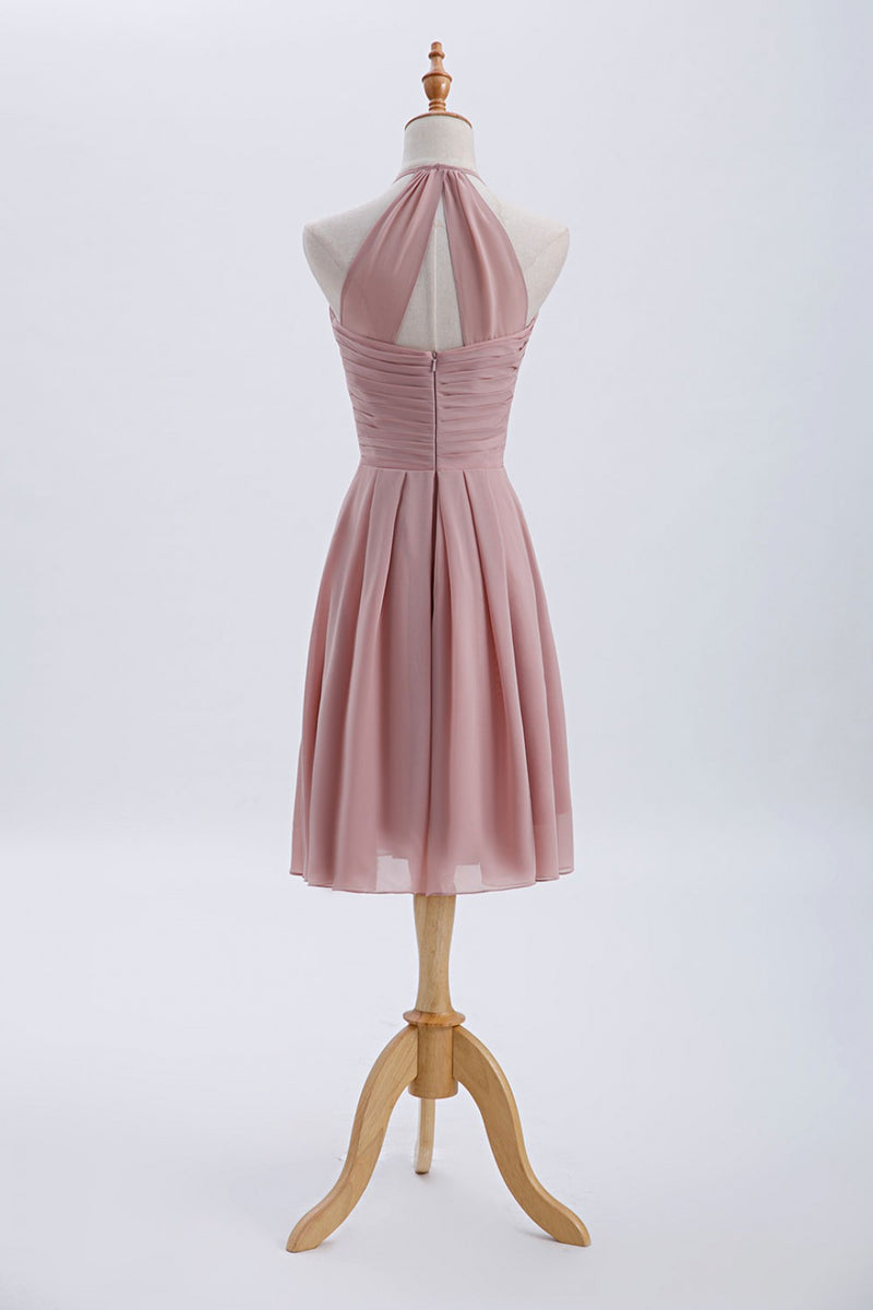 Halter Blush Pink Pleated Short A-line Bridesmaid Dress