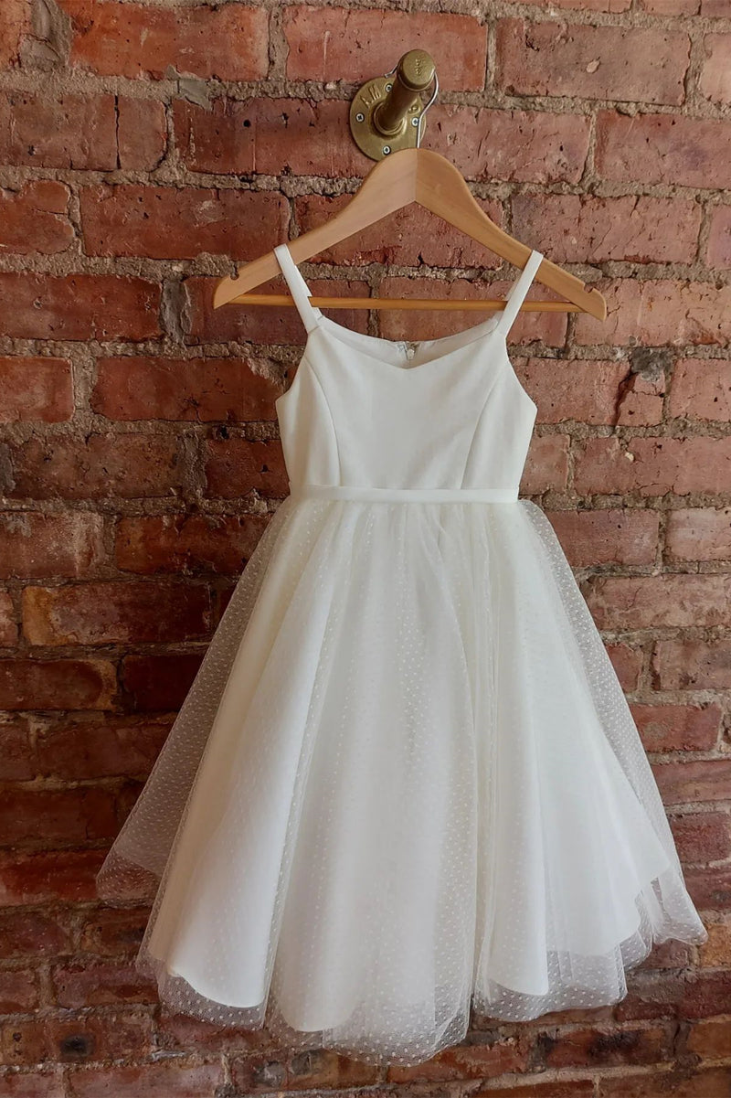 White Straps Dot Long Flower Girl Dress with Sash