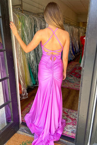 Purple V-Neck Backless Mermaid Long Formal Dress with Slit