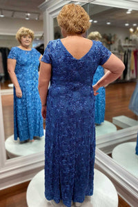 Blue Appliques Crew Neck Short Sleeve Long Mother of the Bride Dress